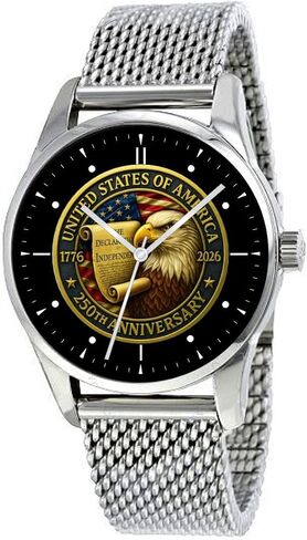 250th Anniversary United States of America Commemorative Large 42mm Polished Chrome Watch with Adjustable Stainless Steel Mesh Band in Saudi Arabia