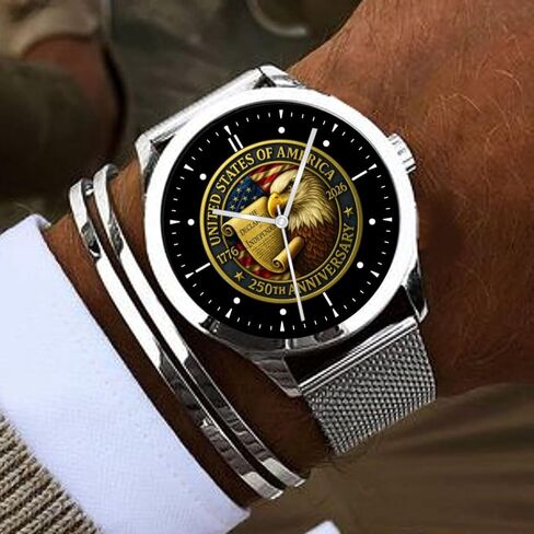 250th Anniversary United States of America Commemorative Large 42mm Polished Chrome Watch with Adjustable Stainless Steel Mesh Band in Saudi Arabia