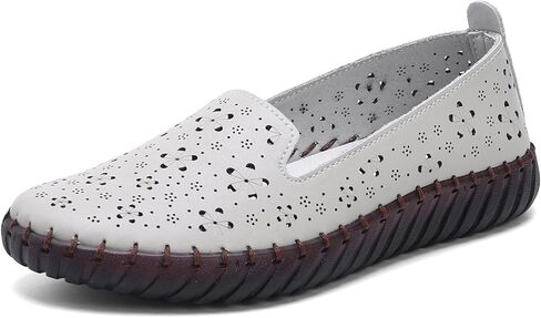 Women's Hand-Stitched Floral Loafers - Perforated Synthetic Leather Slip-on Flats, Comfortable Soft Sole Moccasins, Lightweight Professional Work Shoes for Nurses, Teachers in Saudi Arabia