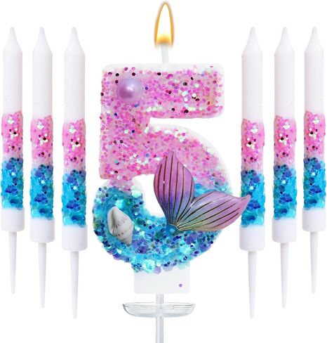 Mermaid Number 5 Birthday Candle Set, with and 6 Matching Candles, Pink Blue Ocean Theme Cake Topper for Mermaid Birthday Party Decoration (Number 5) in Saudi Arabia