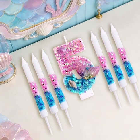 Mermaid Number 5 Birthday Candle Set, with and 6 Matching Candles, Pink Blue Ocean Theme Cake Topper for Mermaid Birthday Party Decoration (Number 5) in Saudi Arabia