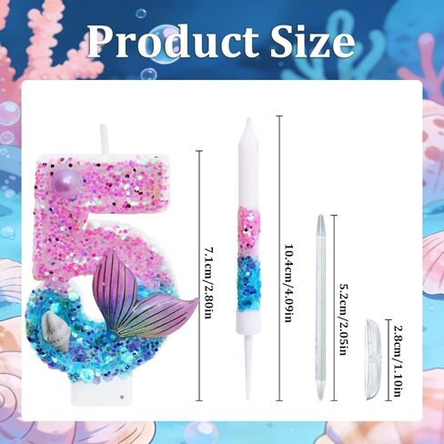 Mermaid Number 5 Birthday Candle Set, with and 6 Matching Candles, Pink Blue Ocean Theme Cake Topper for Mermaid Birthday Party Decoration (Number 5) in Saudi Arabia
