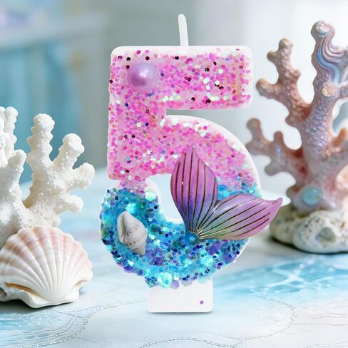 Mermaid Number 5 Birthday Candle Set, with and 6 Matching Candles, Pink Blue Ocean Theme Cake Topper for Mermaid Birthday Party Decoration (Number 5) in Saudi Arabia