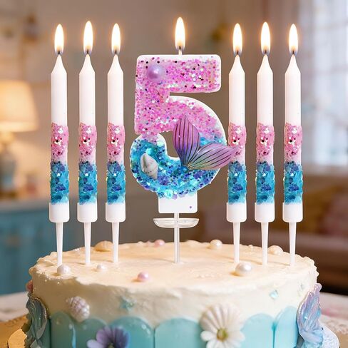 Mermaid Number 5 Birthday Candle Set, with and 6 Matching Candles, Pink Blue Ocean Theme Cake Topper for Mermaid Birthday Party Decoration (Number 5) in Saudi Arabia
