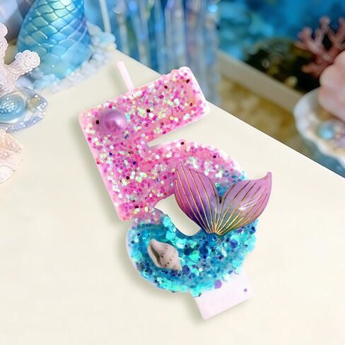 Mermaid Number 5 Birthday Candle Set, with and 6 Matching Candles, Pink Blue Ocean Theme Cake Topper for Mermaid Birthday Party Decoration (Number 5) in Saudi Arabia