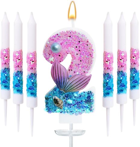 Mermaid Number 5 Birthday Candle Set, with and 6 Matching Candles, Pink Blue Ocean Theme Cake Topper for Mermaid Birthday Party Decoration (Number 5) in Saudi Arabia