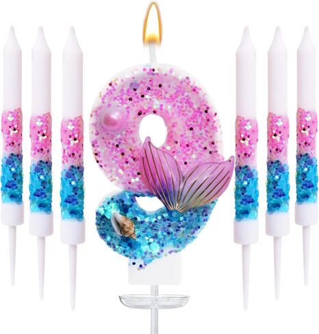Mermaid Number 5 Birthday Candle Set, with and 6 Matching Candles, Pink Blue Ocean Theme Cake Topper for Mermaid Birthday Party Decoration (Number 5) in Saudi Arabia