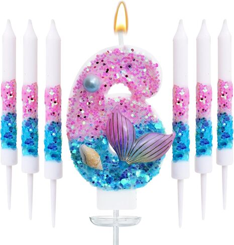 Mermaid Number 5 Birthday Candle Set, with and 6 Matching Candles, Pink Blue Ocean Theme Cake Topper for Mermaid Birthday Party Decoration (Number 5) in Saudi Arabia