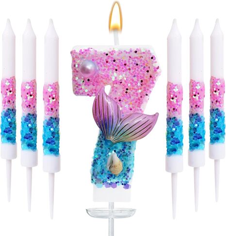 Mermaid Number 5 Birthday Candle Set, with and 6 Matching Candles, Pink Blue Ocean Theme Cake Topper for Mermaid Birthday Party Decoration (Number 5) in Saudi Arabia