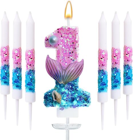 Mermaid Number 5 Birthday Candle Set, with and 6 Matching Candles, Pink Blue Ocean Theme Cake Topper for Mermaid Birthday Party Decoration (Number 5) in Saudi Arabia