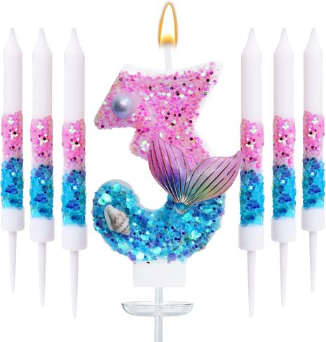 Mermaid Number 5 Birthday Candle Set, with and 6 Matching Candles, Pink Blue Ocean Theme Cake Topper for Mermaid Birthday Party Decoration (Number 5) in Saudi Arabia