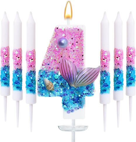 Mermaid Number 5 Birthday Candle Set, with and 6 Matching Candles, Pink Blue Ocean Theme Cake Topper for Mermaid Birthday Party Decoration (Number 5) in Saudi Arabia