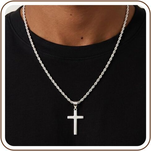 925 Sterling Silver Cross Necklace for Men, 2.5mm Rope Chain Cross Pendant Necklace for Women, Mens Silver Necklace 16 18 20 22 24 Inches, Christian Gifts for Him Father Hunband in Saudi Arabia