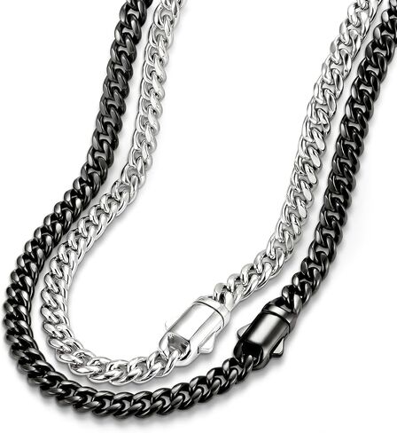 2Pcs Cuban Link Chain for Men Mens Silver Black Stainless Steel Miami Curb Chains Necklace Diamond Cut Non-Tarnish Jewelry Set 5mm 18-26 Inch in Saudi Arabia