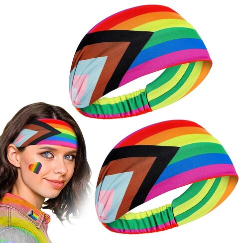 Cosweet Gay Pride Headbands - Moisture-wicking Milk Silk Rainbow Sweatbands, Highly Elastic LGBTQ Hair Accessories for Men Women Adults Pride Parade Festival Party (2 Pack, Rainbow Flag Style) in Saudi Arabia