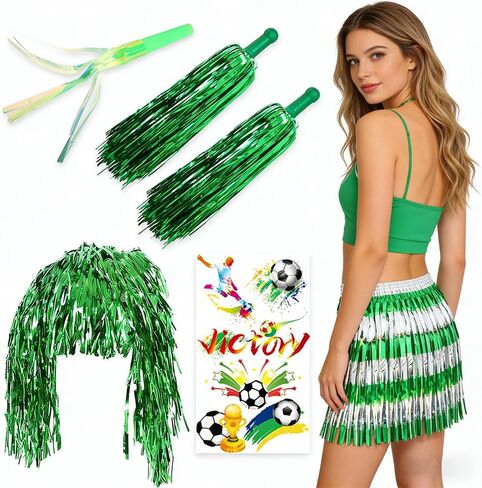Soccer Cheerleading Costume Set with Pom Poms, Tinsel Wig, Hula Skirt, Whistle, and Tattoo Stickers, Football Fan Party Props in Saudi Arabia