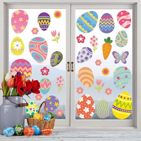 2 Sheets Easter Eggs Window Clings Decals Decor - Spring Double-Sided Glass Door Decorations for Home Office Shop Party Supplies in Kuwait