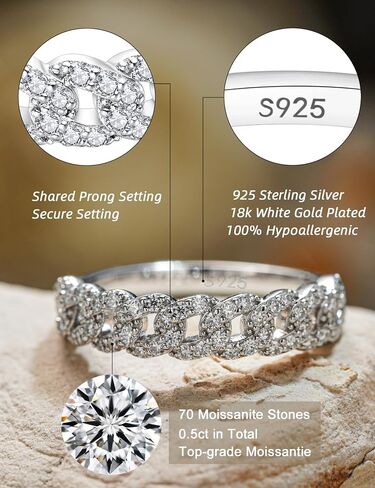 IMOLOVE Moissanite Wedding Bands for Women, Fashion Simple 0.5 Carat Stackable Chain Ring Trendy Everyday Silver Eternity Band Rings for Women with 18K White Gold Plated Size 5-11 in Kuwait