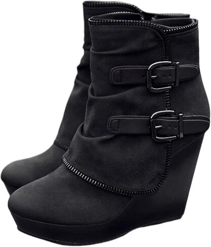 Womens Wedge Ankle Boots Fashion Casual Faux Suede Comfortable Combat Boots Round Toe Buckle Zipper Platform Booties for Women in Saudi Arabia