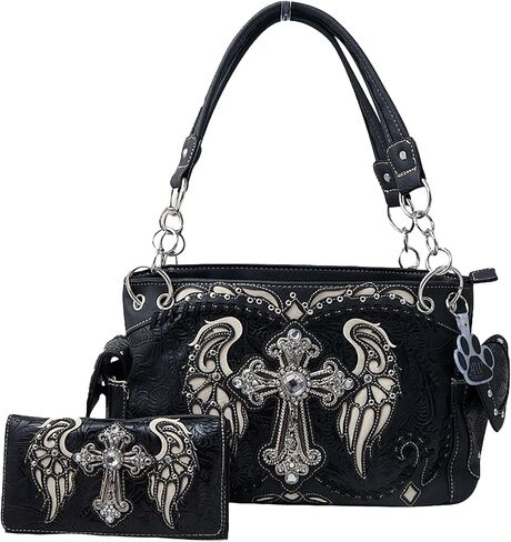 HW Collection Western Handbag Rhinestone Cross Angelic Wings Women Purse and Wallet Set in Saudi Arabia