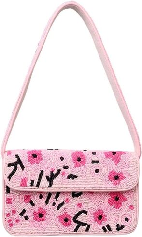 Indian Shelf Handmade Pink Beaded Shoulder Bag with Floral Embroidery Stylish Women Purse (with Box) in Saudi Arabia