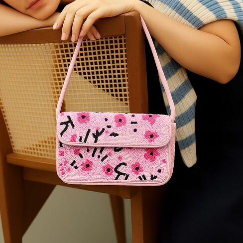 Indian Shelf Handmade Pink Beaded Shoulder Bag with Floral Embroidery Stylish Women Purse (with Box) in Saudi Arabia