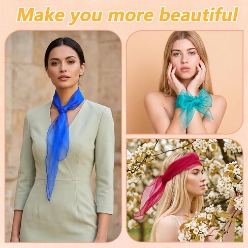 InnoHHustle 12 Pcs 50s Retro Chiffon Scarf for Women, Sheer Square Neck Head Scarf Lightweight Juggling Dance Scarves, 23.6 Inch Solid Color Bandana Ribbon Scarves in Kuwait