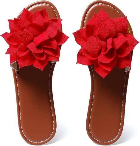 Women's Round Toe Flower & Bow Flat Sandals, Soft Slides Open-Toe Summer Slippers in Saudi Arabia