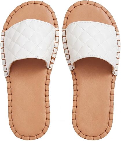 GORGLITTER Women's Rhombus Leather Flat Sandals Comfortable Grid Pattern Wide Slippers Boho Open Toe Sandals Beach Outdoor in Kuwait