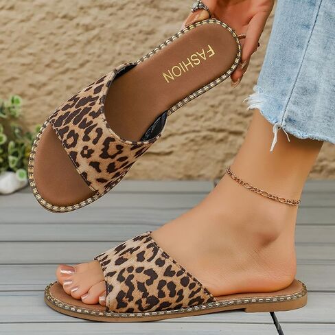 Women's Leopard Print Open Toe Flat Slide Sandals, Casual Slip On Summer Beach Slippers in Kuwait