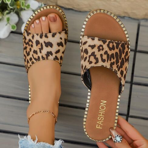 Women's Leopard Print Open Toe Flat Slide Sandals, Casual Slip On Summer Beach Slippers in Kuwait
