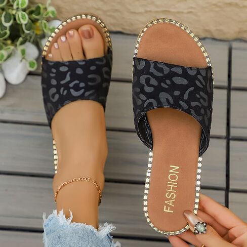 Women's Leopard Print Open Toe Flat Slide Sandals, Casual Slip On Summer Beach Slippers in Kuwait