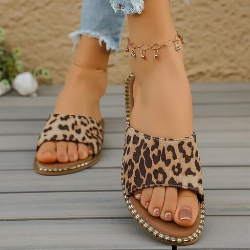 Women's Leopard Print Open Toe Flat Slide Sandals, Casual Slip On Summer Beach Slippers in Kuwait