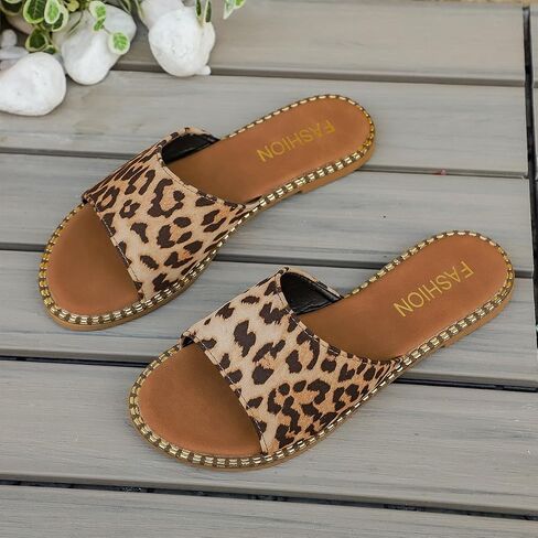 Women's Leopard Print Open Toe Flat Slide Sandals, Casual Slip On Summer Beach Slippers in Kuwait