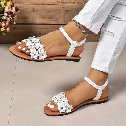Women's Fashion Embroidered Comfortable Elastic Band Slip-On Flat Beach Sandals Flower Flat Sandals with Ankle Strap in Kuwait