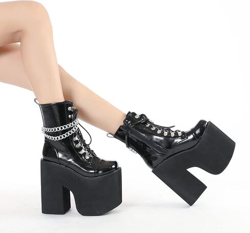 ADMLZQQ Women's Platform Combat Gothic Boots Block Heel Ankle Booties Lace up Studded Motorcycle Mid Calf Boots in Saudi Arabia