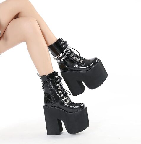 ADMLZQQ Women's Platform Combat Gothic Boots Block Heel Ankle Booties Lace up Studded Motorcycle Mid Calf Boots in Saudi Arabia