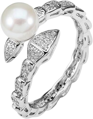 Single Pearl & Pave CZ Bypass Ring, AAA+ Freshwater Pearl, 18K Gold Plated Hypoallergenic Adjustable Ring, Gift Box for Women Wedding & Holiday in Kuwait