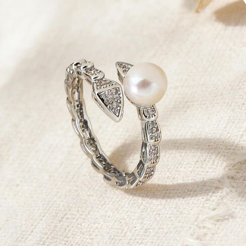 Single Pearl & Pave CZ Bypass Ring, AAA+ Freshwater Pearl, 18K Gold Plated Hypoallergenic Adjustable Ring, Gift Box for Women Wedding & Holiday in Kuwait