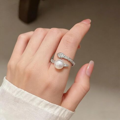 Single Pearl & Pave CZ Bypass Ring, AAA+ Freshwater Pearl, 18K Gold Plated Hypoallergenic Adjustable Ring, Gift Box for Women Wedding & Holiday in Kuwait