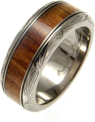 Arthur's Jewelry Genuine inlay Hawaiian koa wood wedding band ring titanium scroll 8mm size 3 to 14 in Kuwait