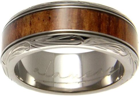 Arthur's Jewelry Genuine inlay Hawaiian koa wood wedding band ring titanium scroll 8mm size 3 to 14 in Kuwait