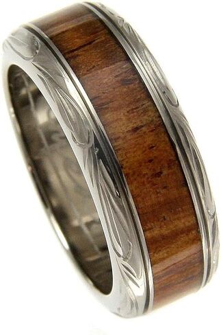 Arthur's Jewelry Genuine inlay Hawaiian koa wood wedding band ring titanium scroll 8mm size 3 to 14 in Kuwait