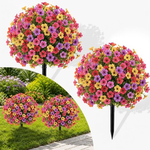 2Pcs 22" Artificial Topiary Ball Flowers for Outdoors Planters, Spring Summer Decoration, UV Resistant Faux Floral Greenery, Fake Shrubs Bushes for Indoor Outdoor Garden Yard Porch Patio Home Decor in Kuwait