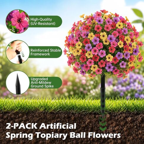2Pcs 22" Artificial Topiary Ball Flowers for Outdoors Planters, Spring Summer Decoration, UV Resistant Faux Floral Greenery, Fake Shrubs Bushes for Indoor Outdoor Garden Yard Porch Patio Home Decor in Kuwait