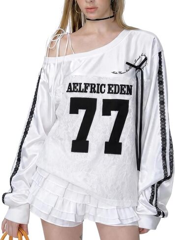Aelfric Eden Women T Shirts Long Sleeve Satin Lace Bow Oversized Off Shoulder Jersey Graphic Tees in Kuwait