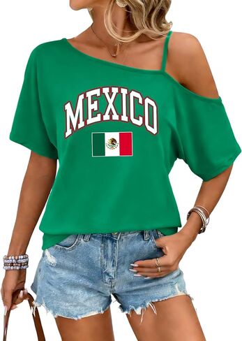 PECHAR Mexico Shirts for Women Mexican Flag Off Shoulder T Shirts Cinco De Mayo Spaghetti Strap Casual Loose Tops in Kuwait