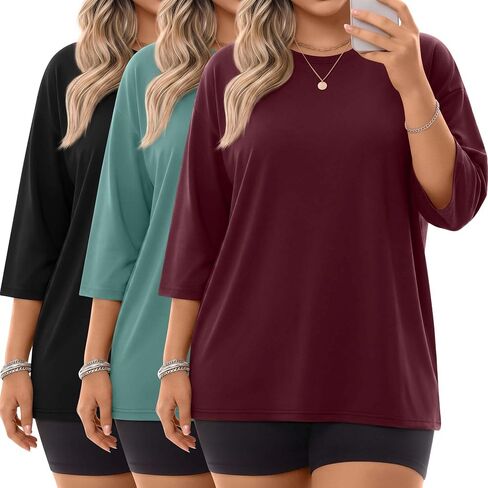 Locoowai 3 Pack Women Plus Size Tops 3/4 Sleeve Cotton Crew Neck Oversized T Shirts Loose Fit Tee Tunic Casual Blouse in Saudi Arabia