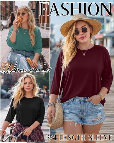 Locoowai 3 Pack Women Plus Size Tops 3/4 Sleeve Cotton Crew Neck Oversized T Shirts Loose Fit Tee Tunic Casual Blouse in Saudi Arabia