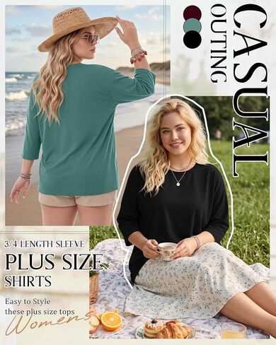 Locoowai 3 Pack Women Plus Size Tops 3/4 Sleeve Cotton Crew Neck Oversized T Shirts Loose Fit Tee Tunic Casual Blouse in Saudi Arabia